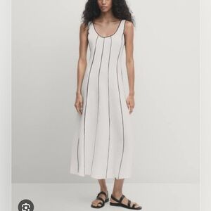Massimo Dutti Women Linen Blend Two-Tone Strappy Dress in White Black Trim NWT